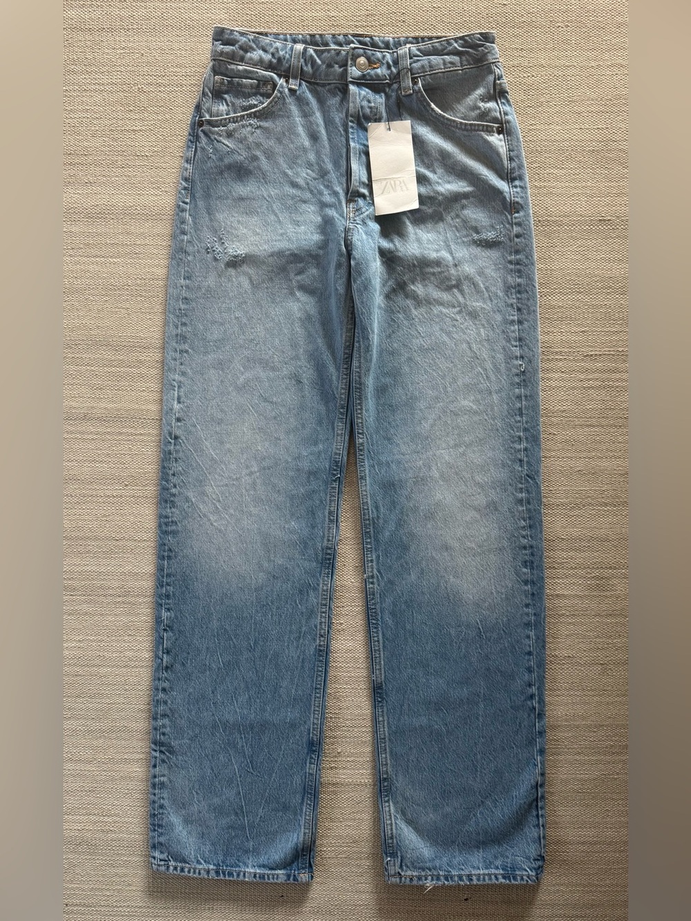 Zara blue high rise straight leg distressed button fly jeans women’s size 0 NWT